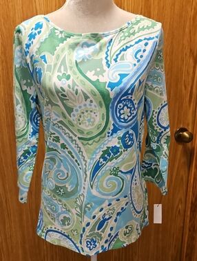 Talbots The Talbot Tee M NWT Paisley Light Green & Blues & White 3/4 Sleeve